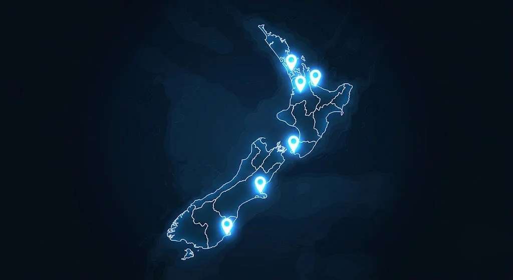 Glowing blue map of New Zealand with location pins across the North and South Islands