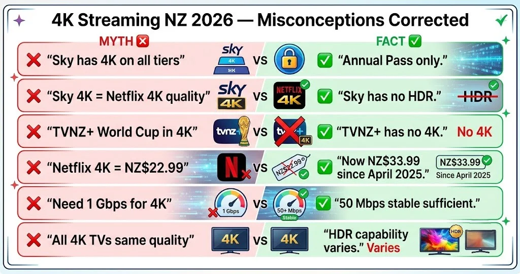 4K streaming NZ misconceptions 2026 Sky tiers Netflix pricing TVNZ+ HDR corrected