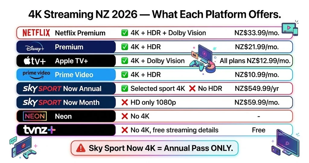 4K IPTV NZ 2026 streaming platforms comparison Netflix, Disney+, Sky Sport, Now, Apple TV+, and TVNZ+ guide