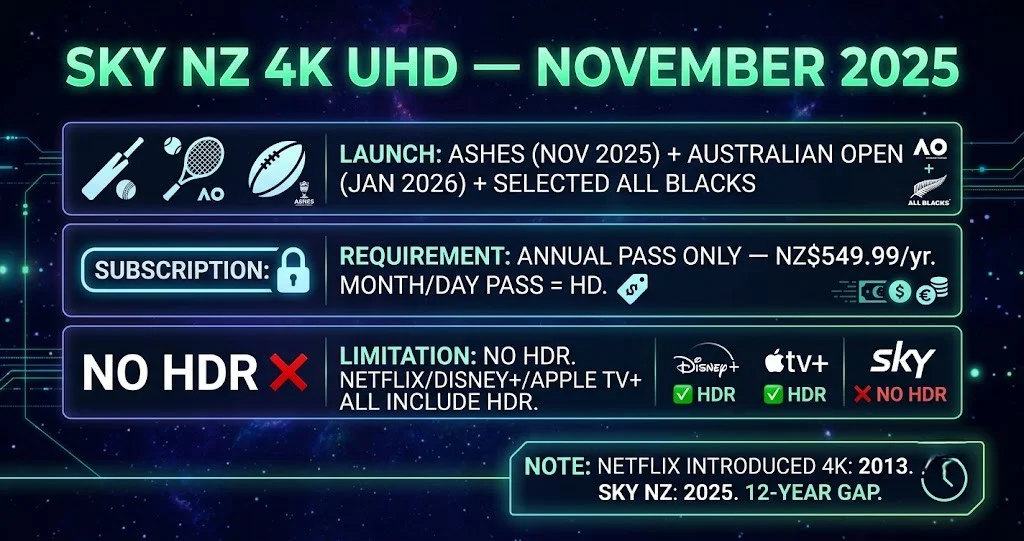Sky NZ 4K UHD launch November 2025 Ashes Australian Open Annual Pass no HDR