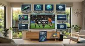 Firestick 4K Max connected to a TV showing IPTV buffering and freezing, with Ethernet cable, Wi-Fi signal, DNS settings, and troubleshooting icons representing 8 IPTV fixes for New Zealand users.