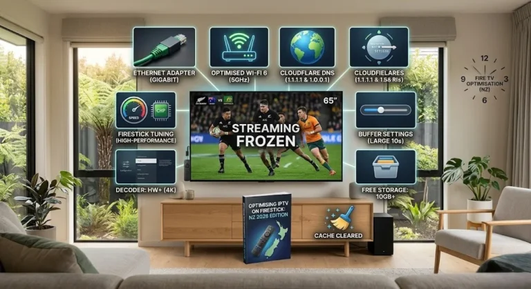 Firestick 4K Max connected to a TV showing IPTV buffering and freezing, with Ethernet cable, Wi-Fi signal, DNS settings, and troubleshooting icons representing 8 IPTV fixes for New Zealand users.