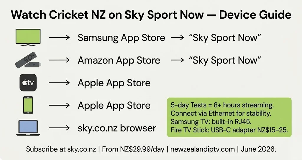 Cricket NZ IPTV device setup Sky Sport Now 2026 — Samsung Smart TV Fire TV Stick Apple TV, Ethernet, June 2026