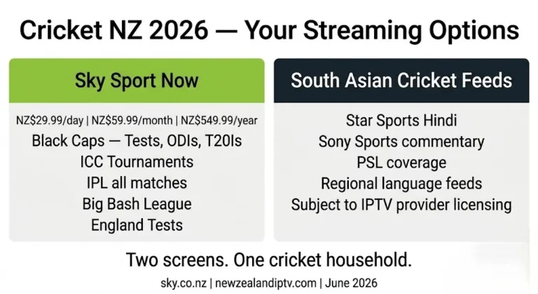 Cricket NZ IPTV streaming guide 2026 — Sky Sport Now Black Caps IPL South Asian Hindi feeds Wellington