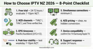 How to choose an IPTV service in NZ 2026: 8-point checklist, free trial, NZ channels. EPG peak hours NZD guide