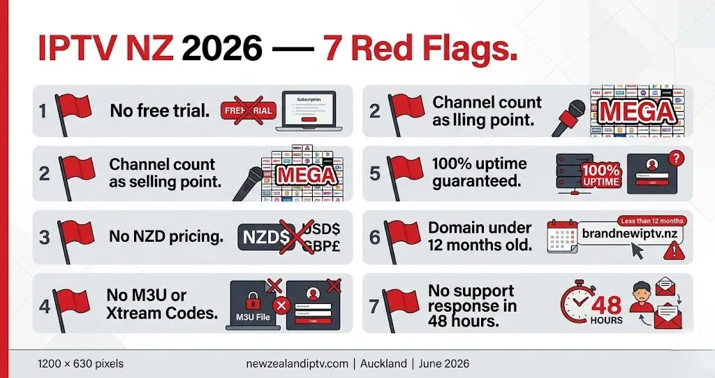 IPTV NZ red flags 2026: 7 warning signs, no trial channel count no NZD pricing support guide