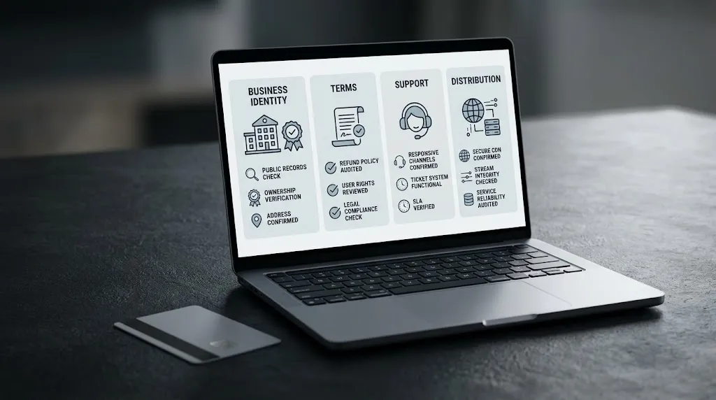 Checking an IPTV service for business identity terms support and distribution