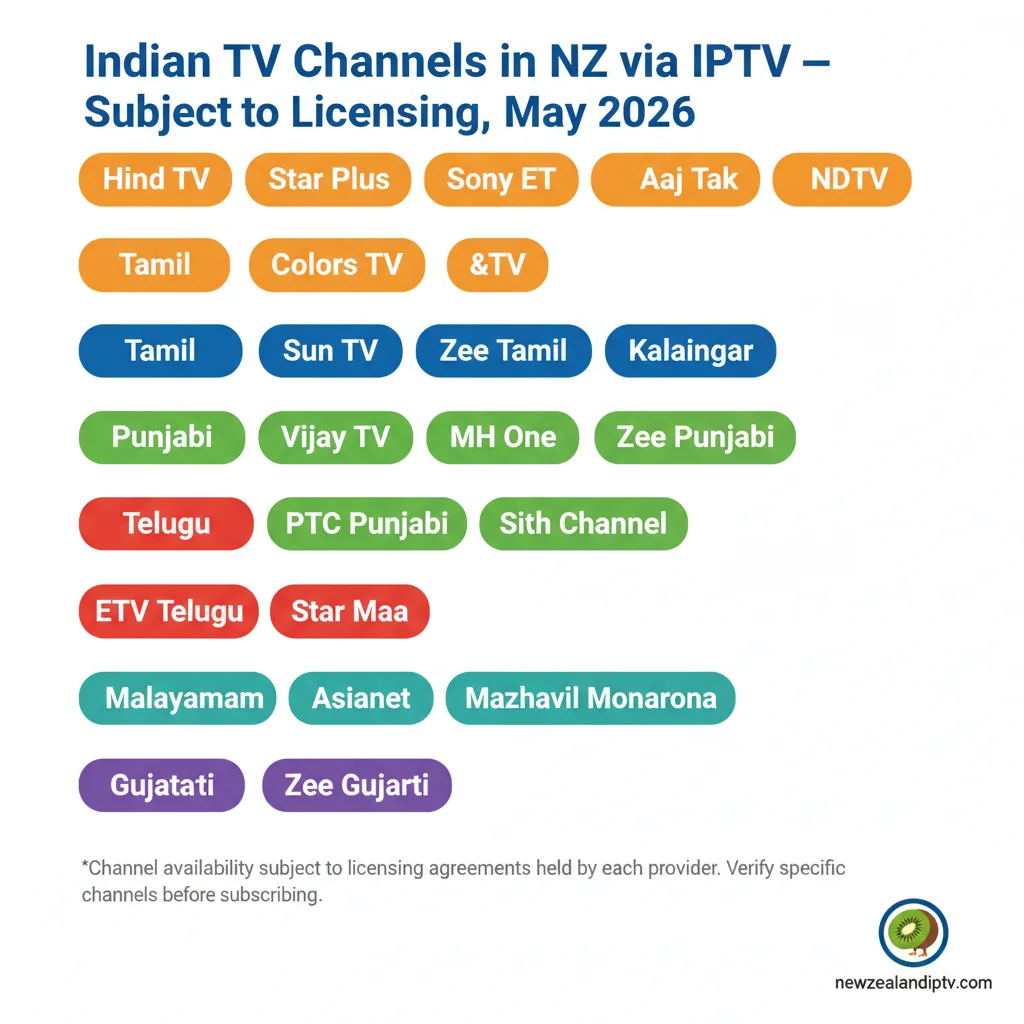 Indian channels IPTV NZ channel grid Hindi Tamil Punjabi Telugu Malayalam Gujarati subject to licensing 2026