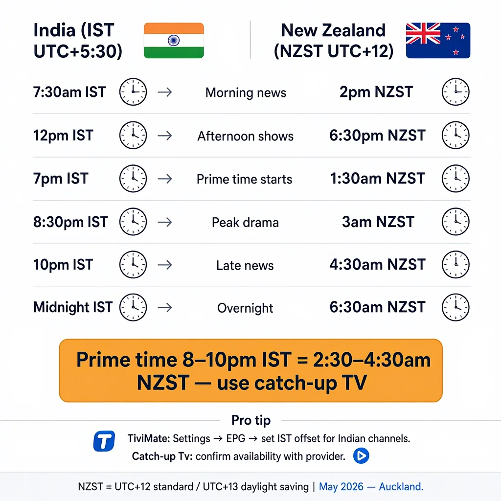  Indian channels IPTV NZ timezone guide IST to NZST: when to watch catch-up TV 2026