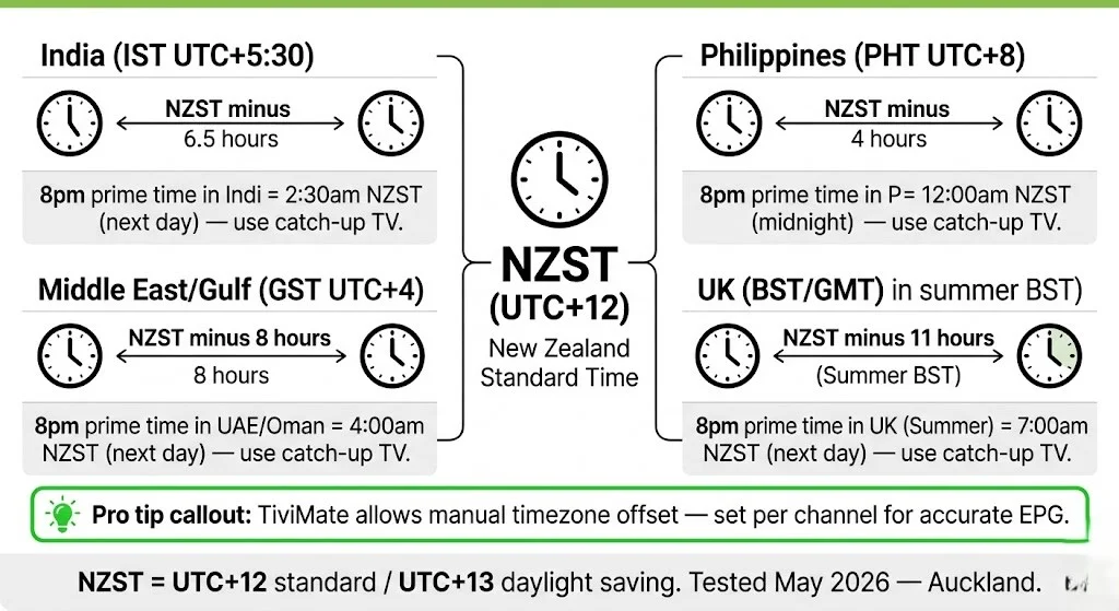 International IPTV NZ timezone guide: NZST, India, Middle East, Philippines, and UK broadcast times 2026