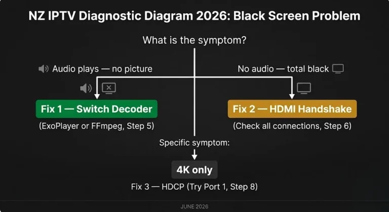 iptv black screen nz — symptom diagnosis audio vs no audio fix guide 2026