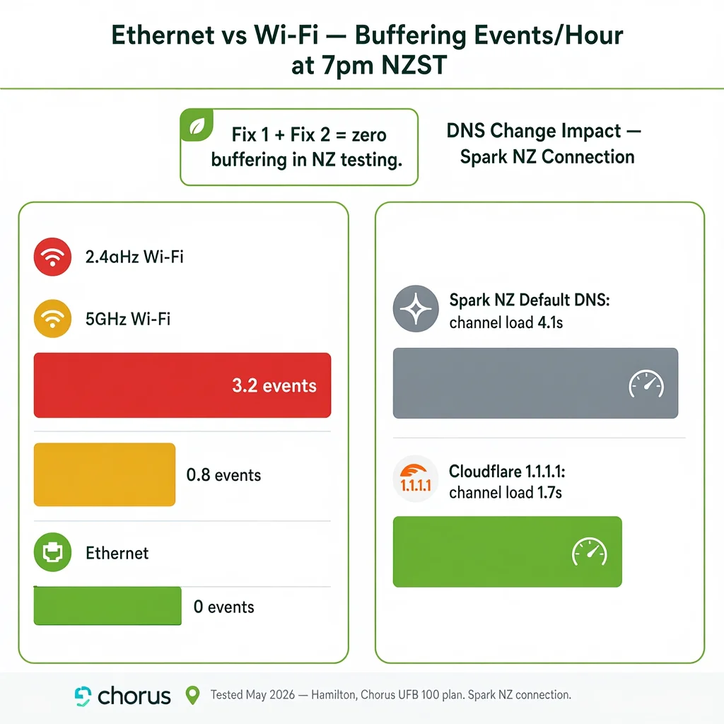 IPTV buffering fix: NZ Ethernet vs WiFi DNS 1.1.1.1 Spark NZ results Hamilton May 2026
