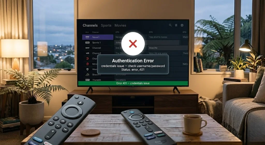 iptv error codes nz — TiviMate authentication error screen, Hamilton, June 2026