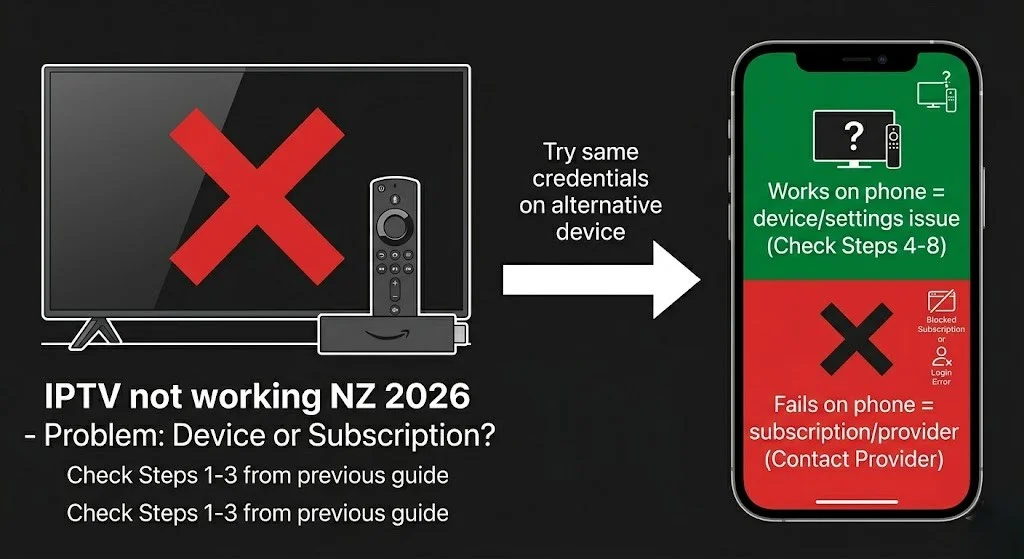 iptv not working nz — phone test device vs subscription diagnosis NZ 2026