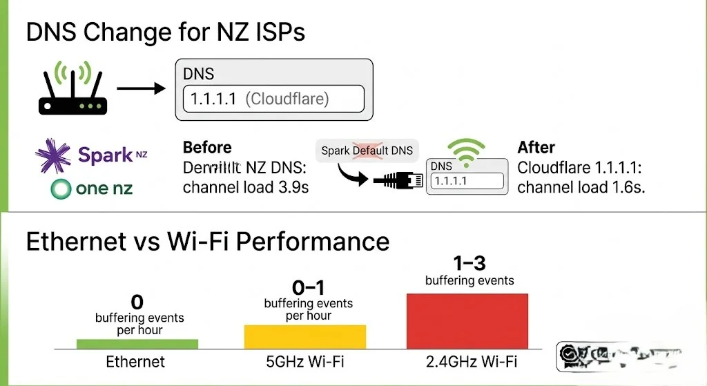 IPTV setup NZ DNS 1.1.1.1 Cloudflare Spark NZ One NZ Ethernet vs WiFi buffering comparison 2026