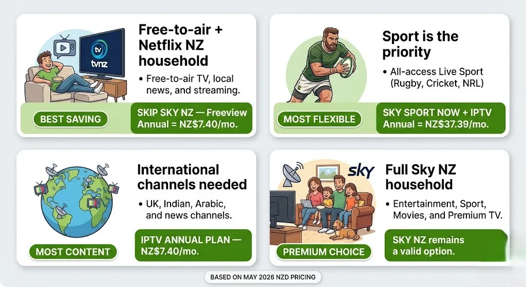 IPTV vs Sky NZ: Four NZ household types decision guide 2026 – which streaming service to choose 