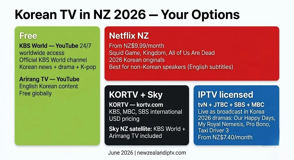 Korean channels IPTV NZ 2026, KBS World free YouTube, Netflix, tvN, JTBC, SBS, MBC, KORTV: complete guide