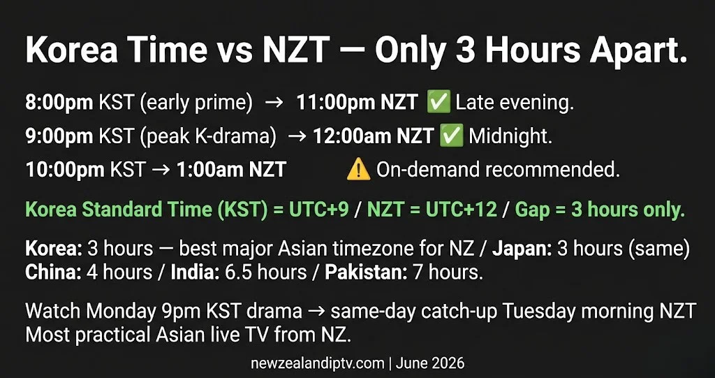Korea NZT timezone 2026 KST UTC+9 vs NZT 3 hours K-drama midnight viewing guide Auckland