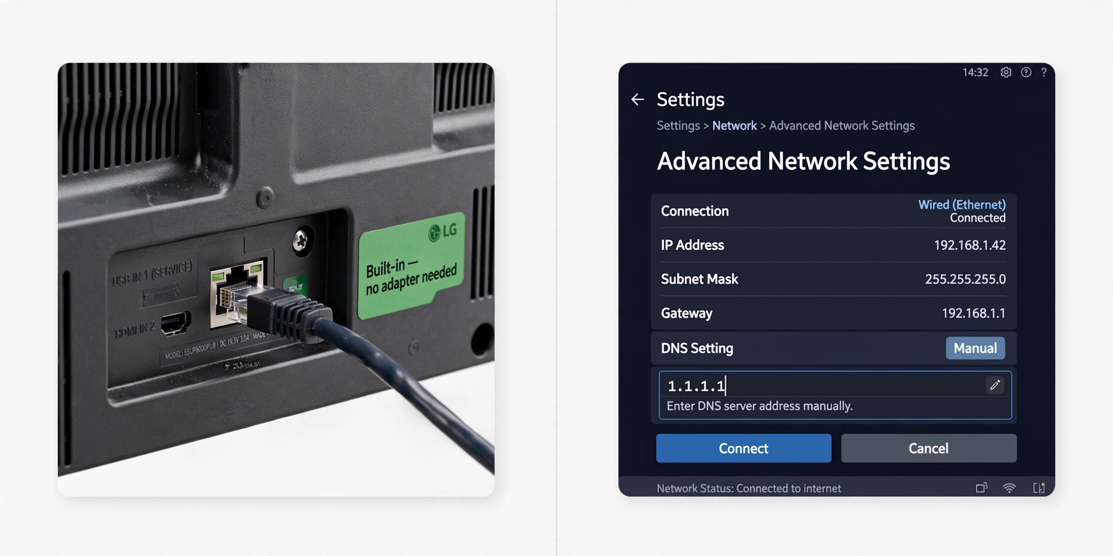 lg tv iptv nz — built-in ethernet port DNS 1.1.1.1 settings, Dunedin, 2026
