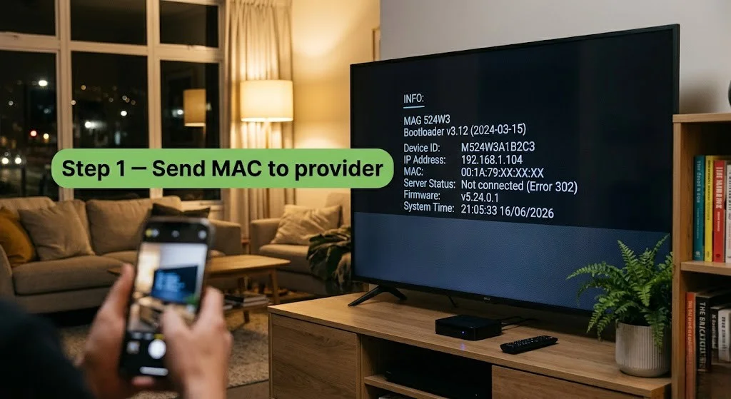 mag box iptv nz — MAG 524W3 MAC address boot screen, Wellington, June 2026