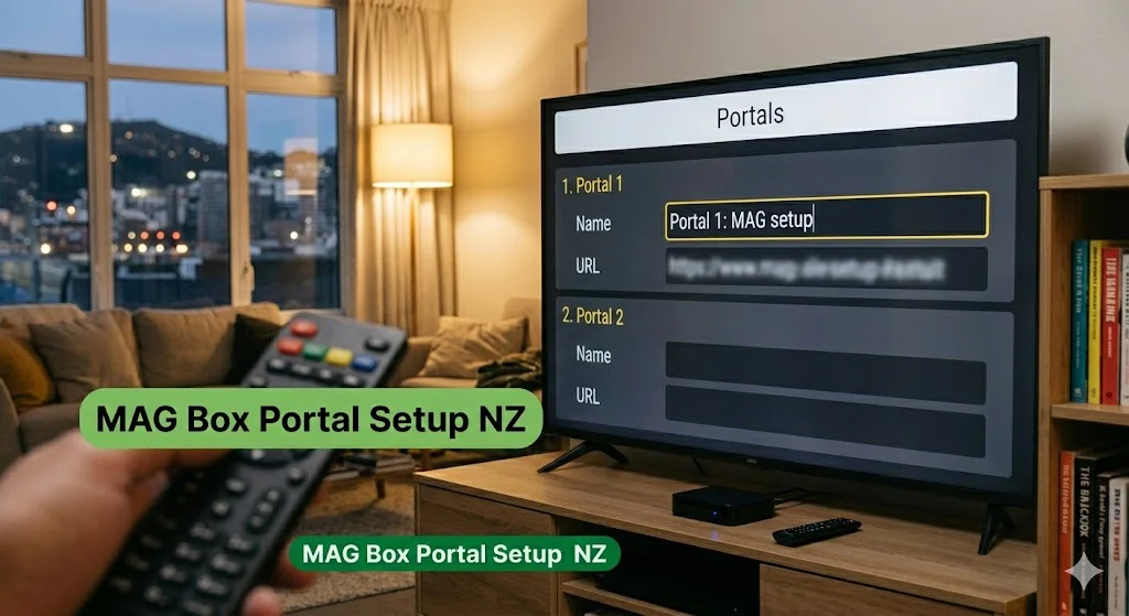 mag box iptv nz — Stalker portal URL setup screen MAG 524W3 Wellington 2026