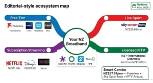 NZ IPTV guide ecosystem map Spark NZ Chorus UFB licensed IPTV Freeview Sky Sport Now options May 2026