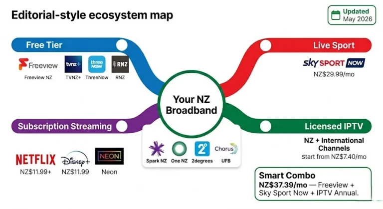 NZ IPTV guide ecosystem map Spark NZ Chorus UFB licensed IPTV Freeview Sky Sport Now options May 2026