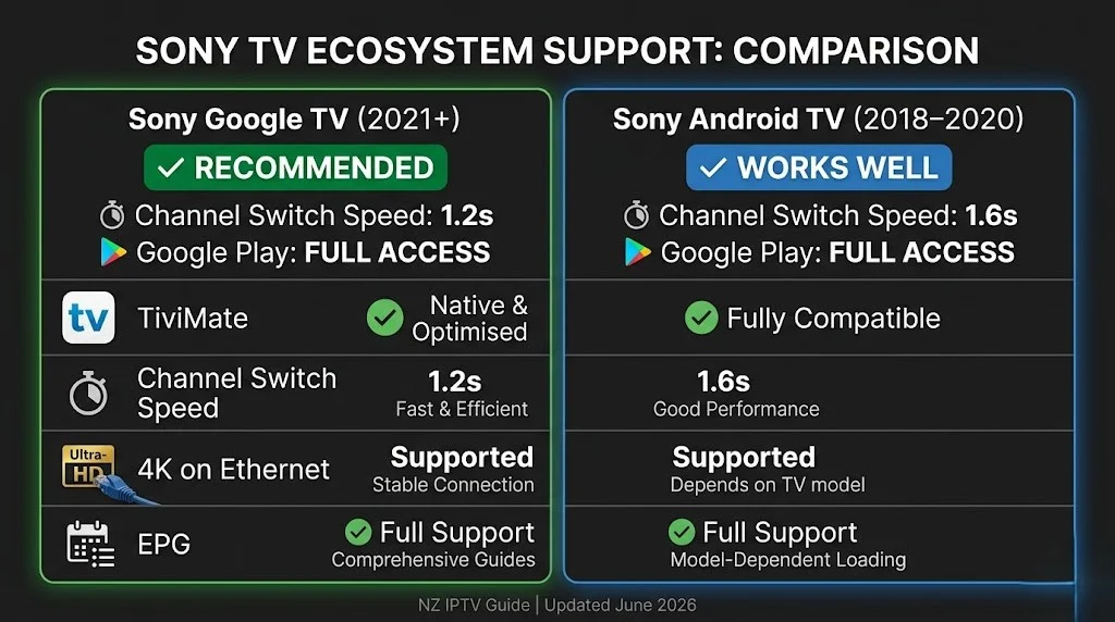 sony tv iptv nz — Google TV vs Android TV TiviMate channel switch speed comparison