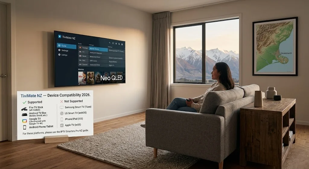 A person sitting on a sofa watching TiviMate on a television, with an overlay displaying the TiviMate NZ device compatibility list for 2026.