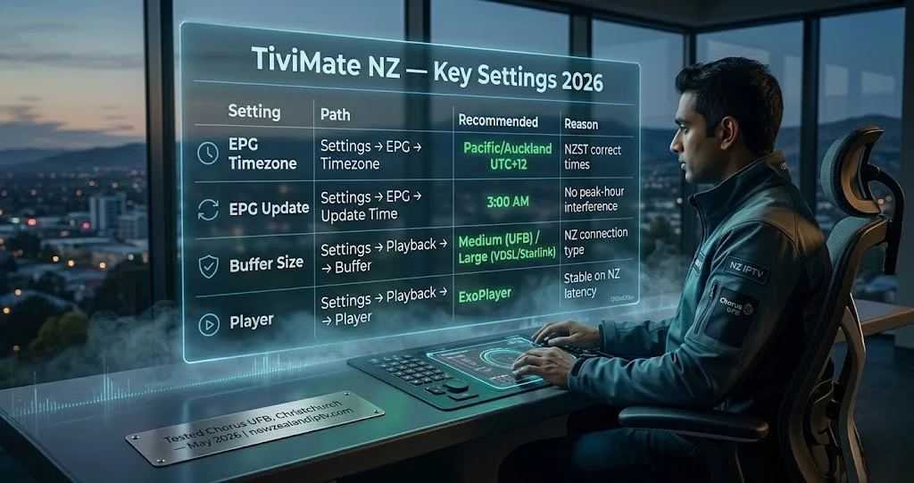 TiviMate NZ settings guide 2026 — EPG timezone UTC+12 buffer ExoPlayer Chorus UFB Christchurch