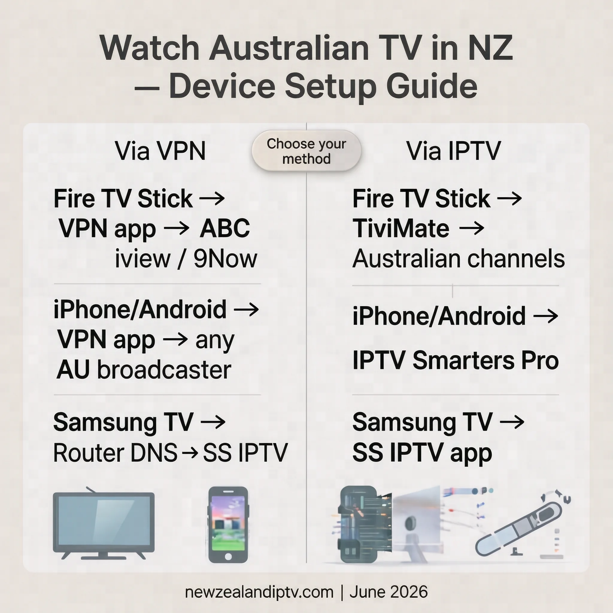 Watch Australian TV in New Zealand: device setup guide 2026 — Fire TV Stick, Tivimate, Samsung Smart TV, IPTV Smarters