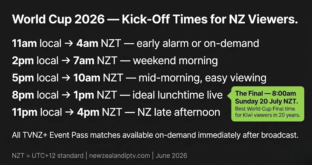 World Cup 2026 NZT kick-off times: North America to New Zealand viewer guide 4am to 4pm NZT Final 8am July 20