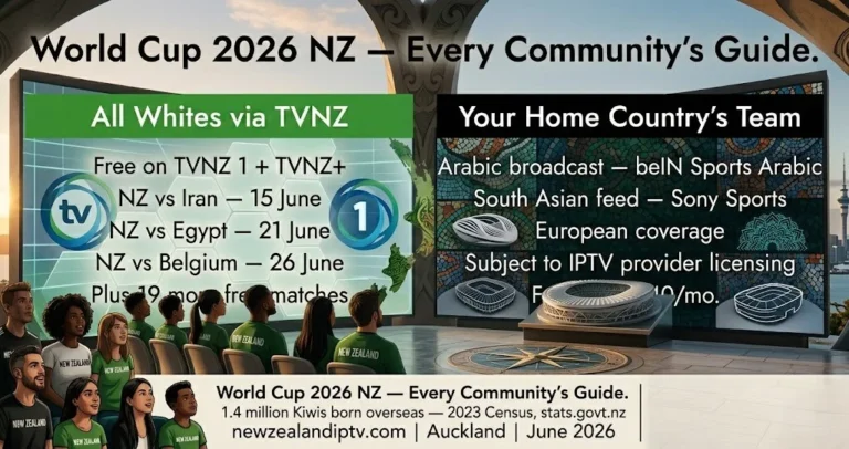 Infographic guide for streaming the World Cup 2026 in New Zealand, showing TVNZ free matches for the All Whites and international broadcast options like beIN Sports Arabic, Sony Sports, and IPTV solutions.