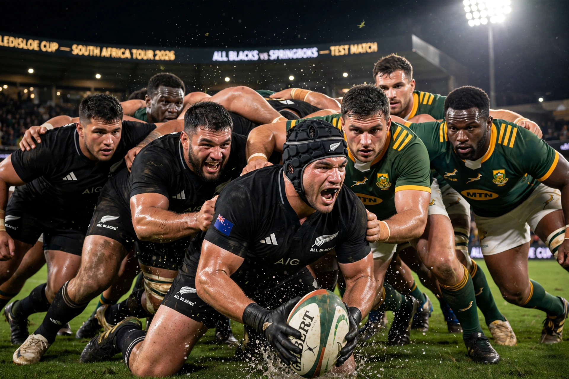 Dramatic close-up of rugby forwards clashing in a scrum under bright stadium lights representing high stakes of South Africa tour and Bledisloe Cup
