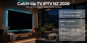 The 2026 comparison of Catch-Up TV IPTV NZ includes TVNZ+, ThreeNow, Sky Sport Now, IPTV replay windows, and highlights the difference between catch-up and on-demand viewing.