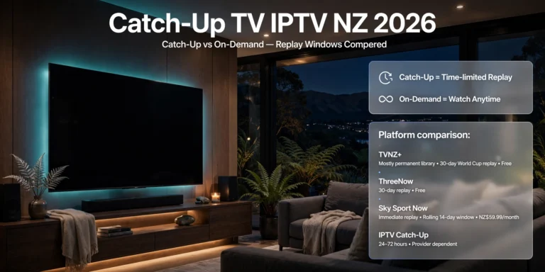 The 2026 comparison of Catch-Up TV IPTV NZ includes TVNZ+, ThreeNow, Sky Sport Now, IPTV replay windows, and highlights the difference between catch-up and on-demand viewing.