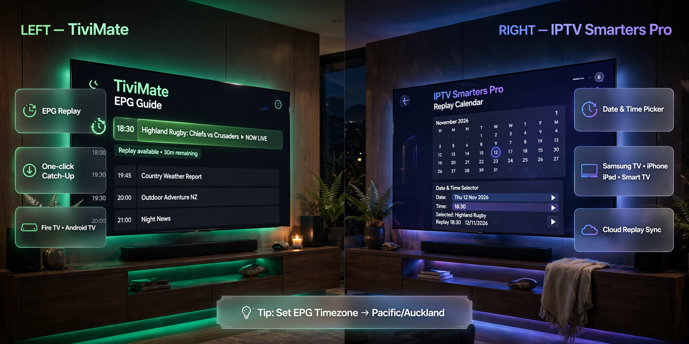 TiviMate vs. IPTV Smarters Pro catch-up comparison showing EPG replay, date picker playback, and IPTV catch-up features for New Zealand users.
