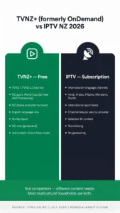 TVNZ OnDemand vs IPTV NZ 2026: TVNZ+ free comparison, international channels, honest guide