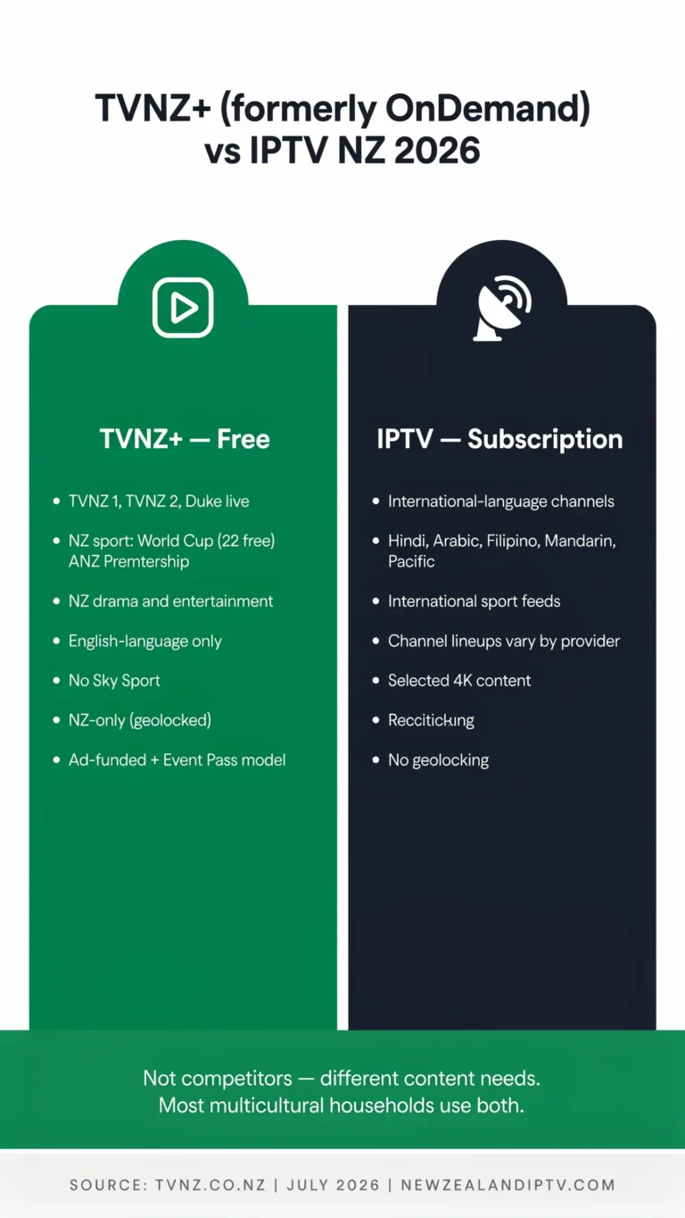 TVNZ OnDemand vs IPTV NZ 2026: TVNZ+ free comparison, international channels, honest guide