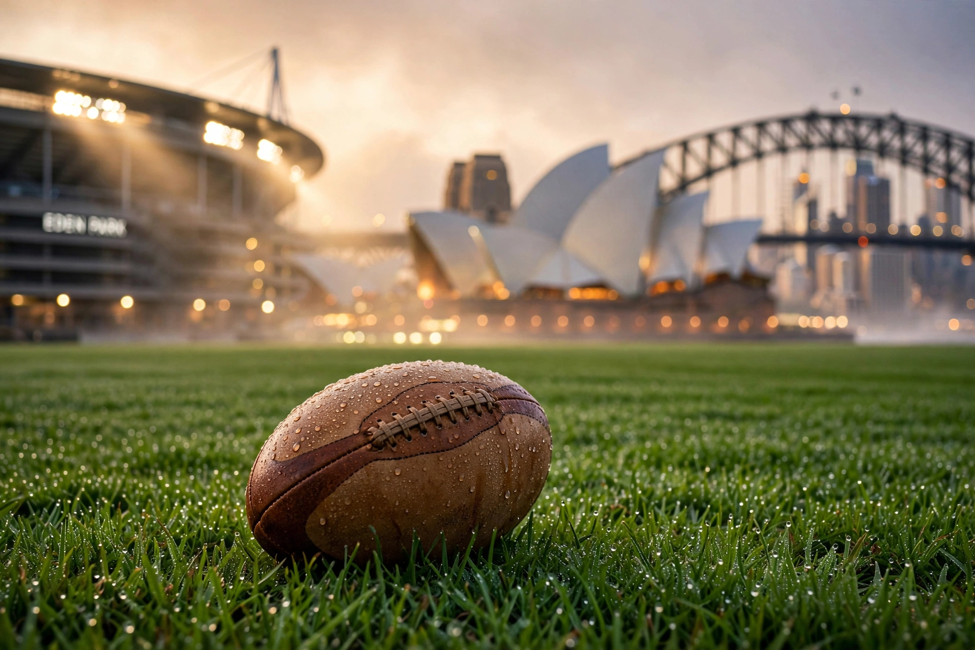 Rugby ball on pitch with Eden Park and Sydney skyline in the background, representing 2027 NZ rugby events