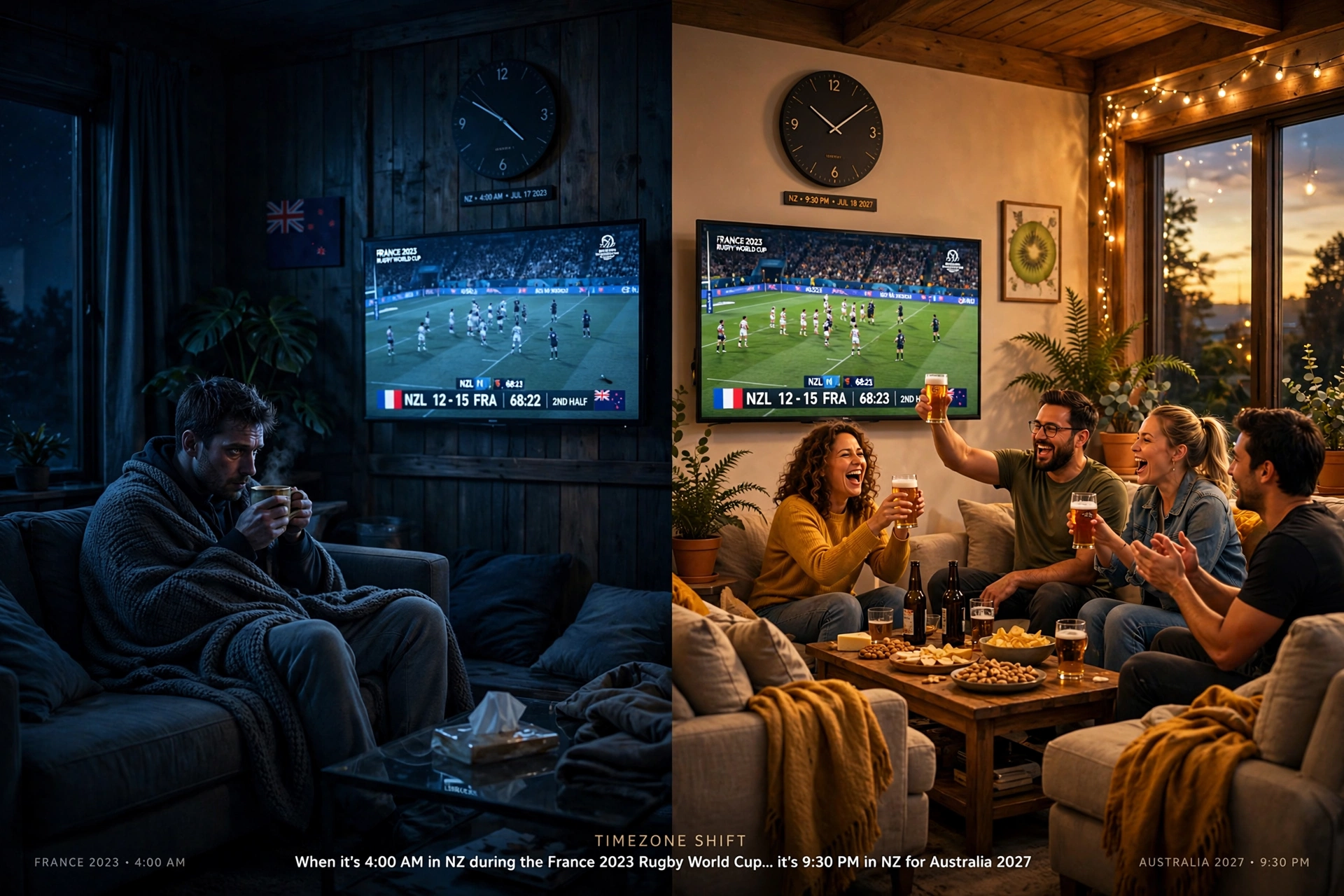 Contrast between 4am live rugby viewing in 2023 and 9:30pm prime time viewing in 2027 for NZ fans