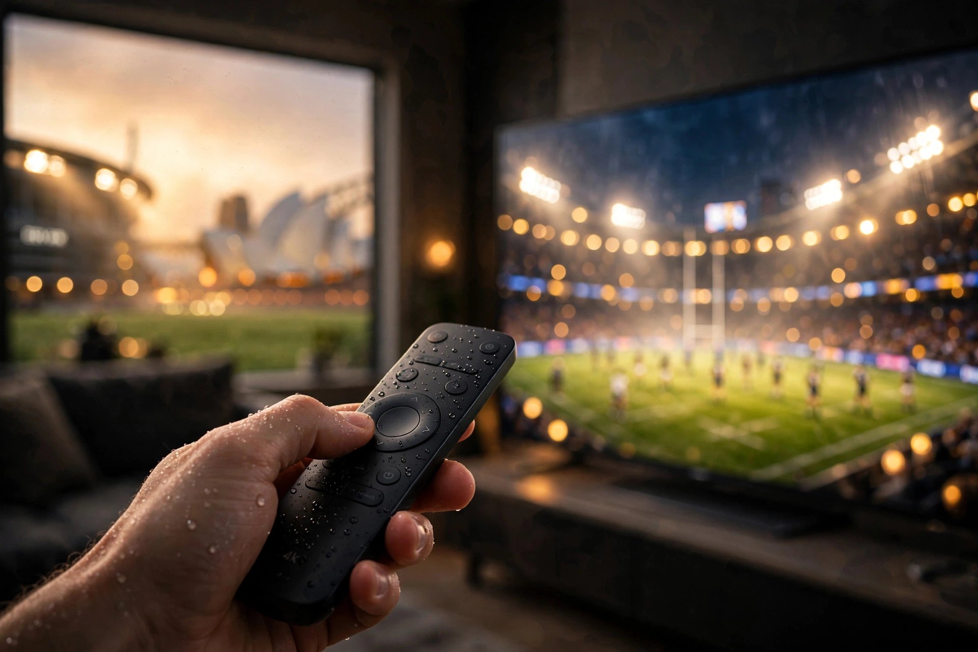 Close up of hand holding smart TV remote pointing at glowing screen showing live rugby match for Sky Sport Now subscription