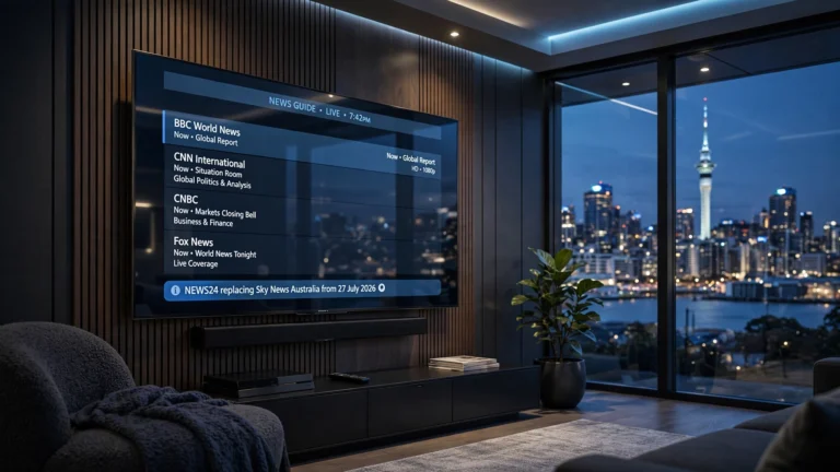 A modern smart TV displaying Sky NZ international news channels, including the News24 rebrand in 2026