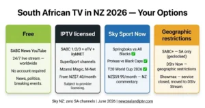 South African channels IPTV NZ 2026 SABC News free YouTube DStv IPTV Sky Sport Now guide
