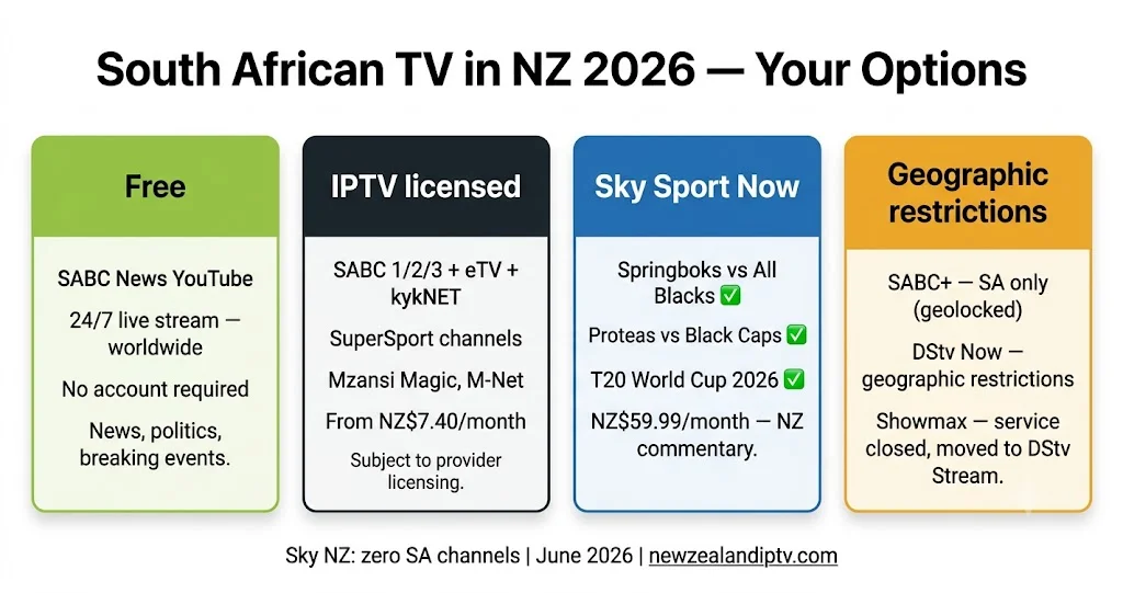 South African channels IPTV NZ 2026 SABC News free YouTube DStv IPTV Sky Sport Now guide