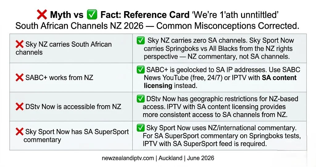 South African channels NZ misconceptions 2026 Sky NZ SABC+ geolocked DStv Now SA commentary corrected