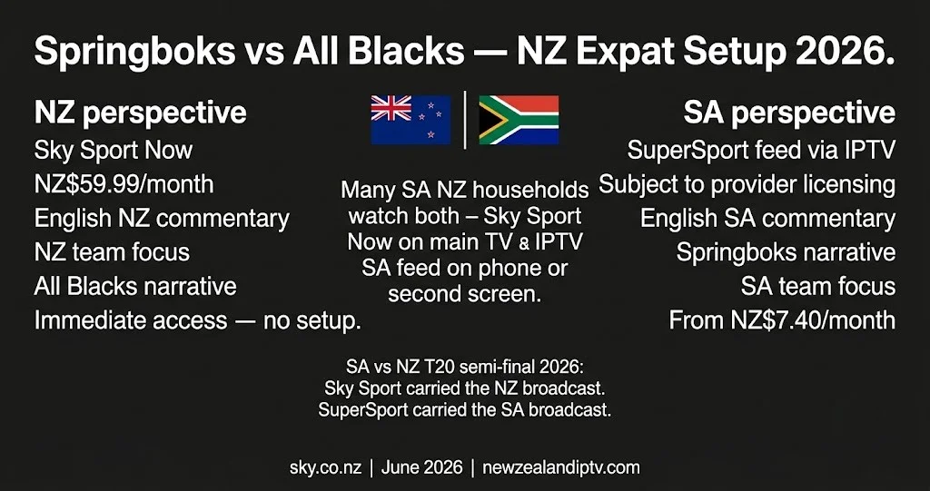 Springboks All Blacks NZ 2026 Sky Sport Now NZ commentary vs SuperSport IPTV SA commentary dual guide