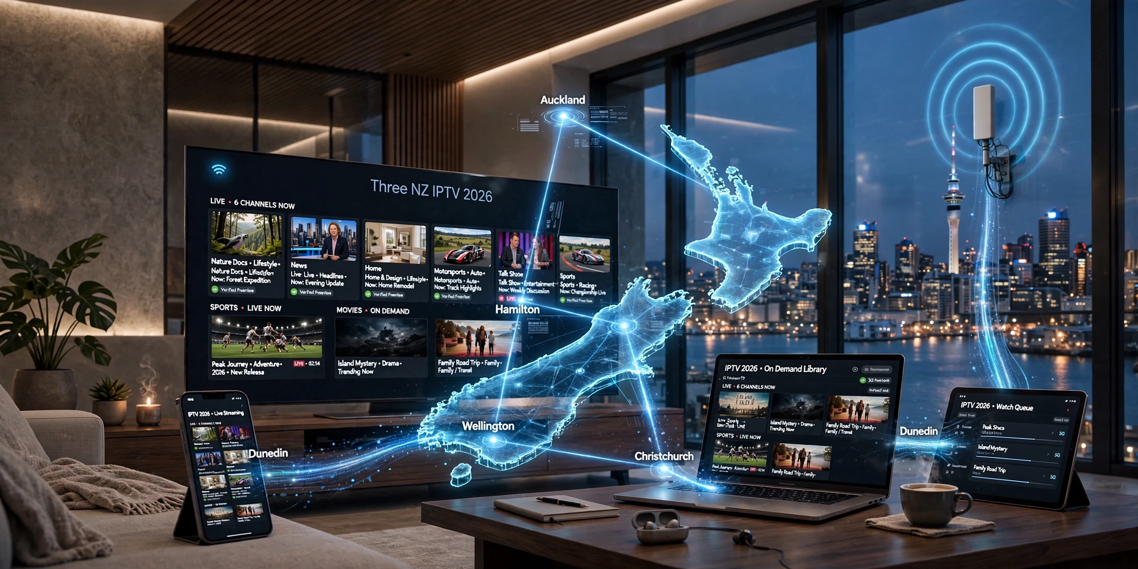 Three NZ IPTV 2026 guides showing live TV and streaming across smart devices in New Zealand