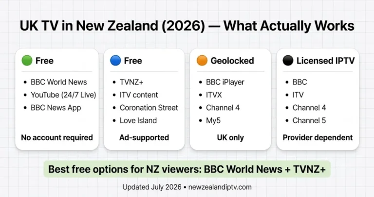 UK channels IPTV NZ comparison showing BBC World News, TVNZ+, IPTV options and geolocked UK streaming services in New Zealand (2026)