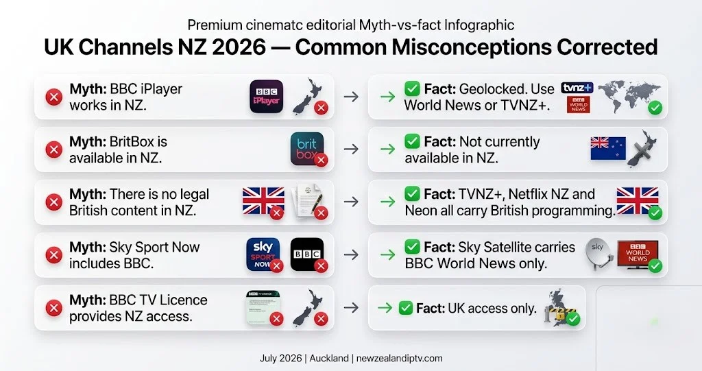 UK channels' NZ misconceptions 2026: BBC iPlayer, BritBox, Sky Sport Now, Channel 4. BBC licence fee corrected
